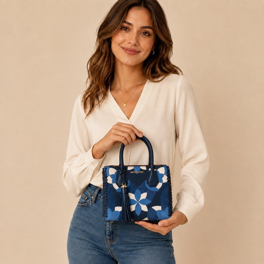 Michael Kors Mercer Gallery Women Blue Patchwork Floral Suede Leather Satchel